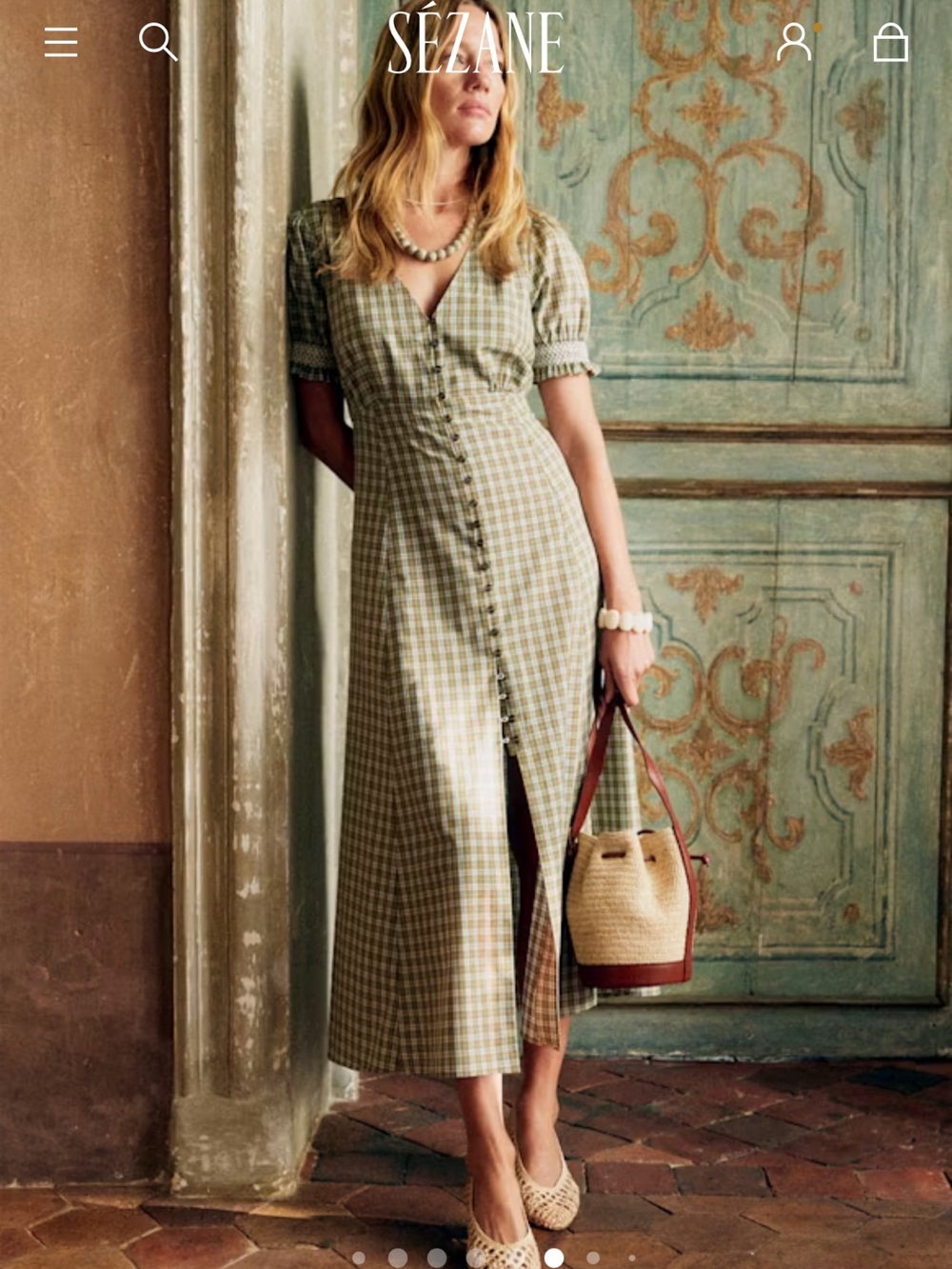 Sézane Green Gingham Maxi Dress with Button Front